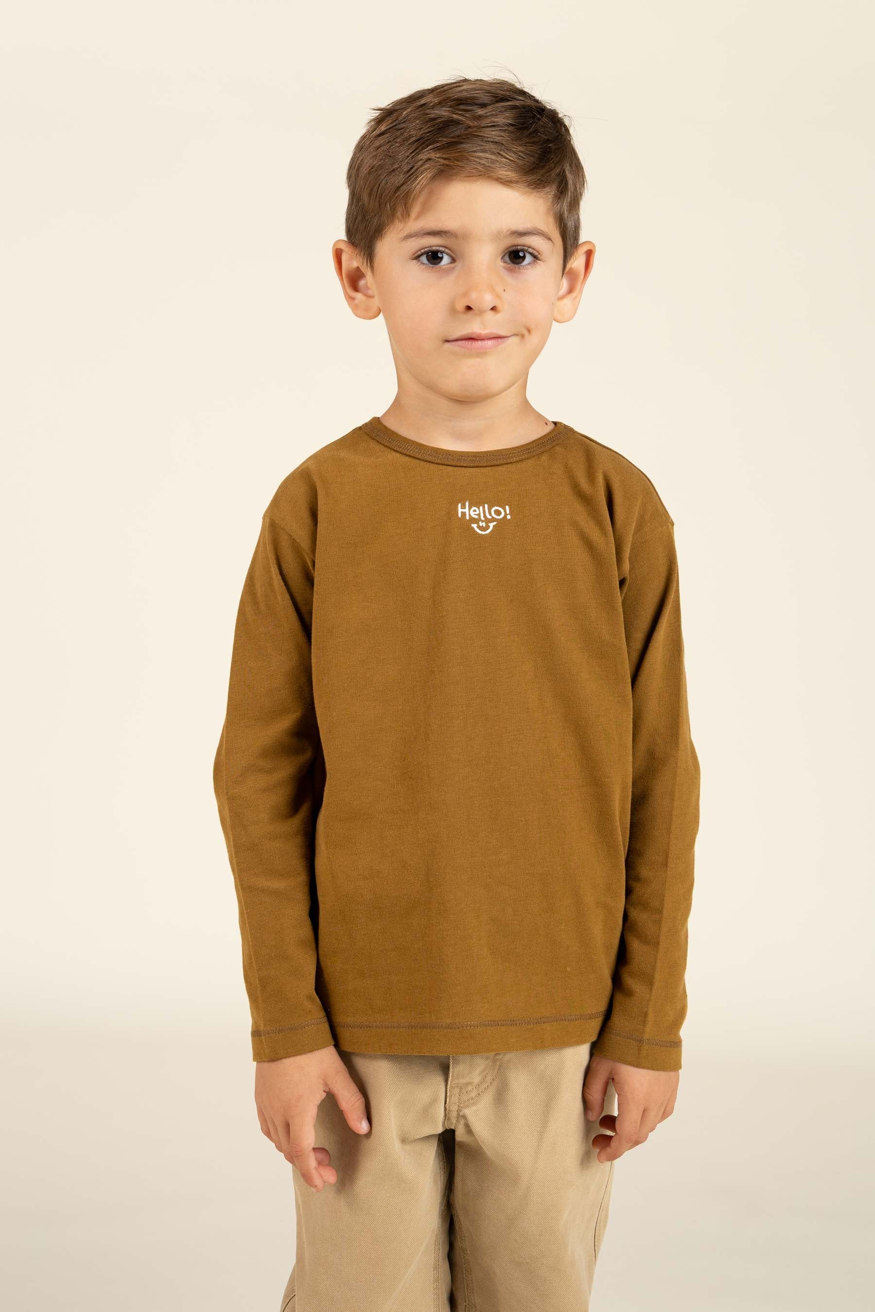 long sleeve T-shirt with Embroidery - Kids - Walnut | 100854 Brandon