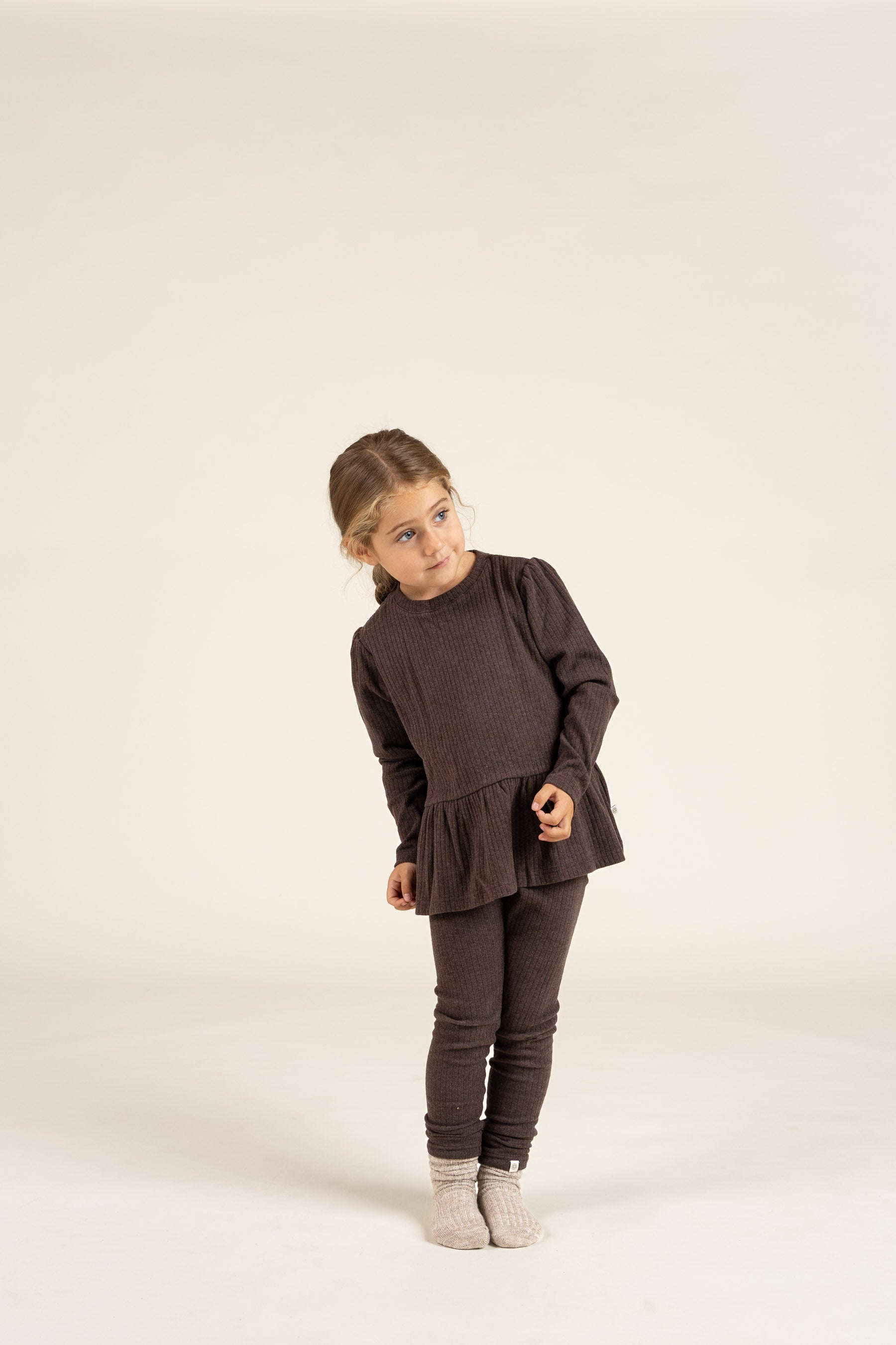 Soft Rib Peplum Blouse - Kids - Chocolate Melange | 100699 Alana
