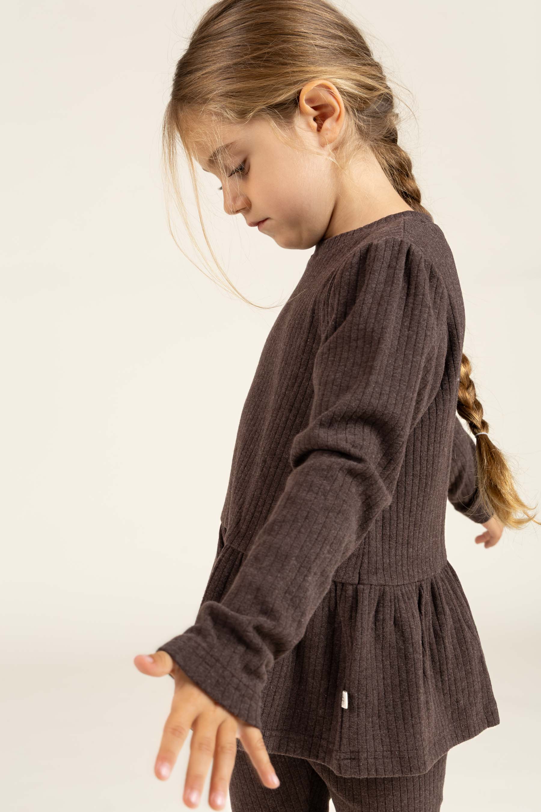 Soft Rib Peplum Blouse - Kids - Chocolate Melange | 100699 Alana