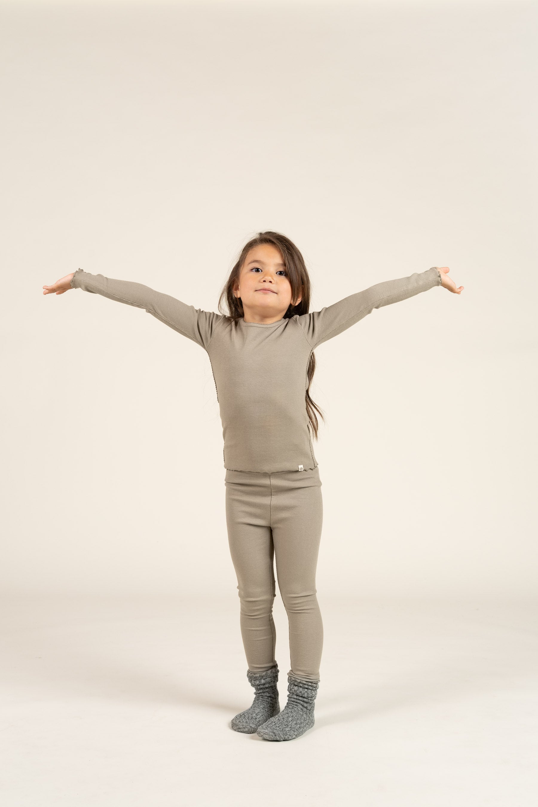 Long Sleeve Modal Rib T-Shirt with Picot edge - Kids - Dusty Green | 100582 Mia