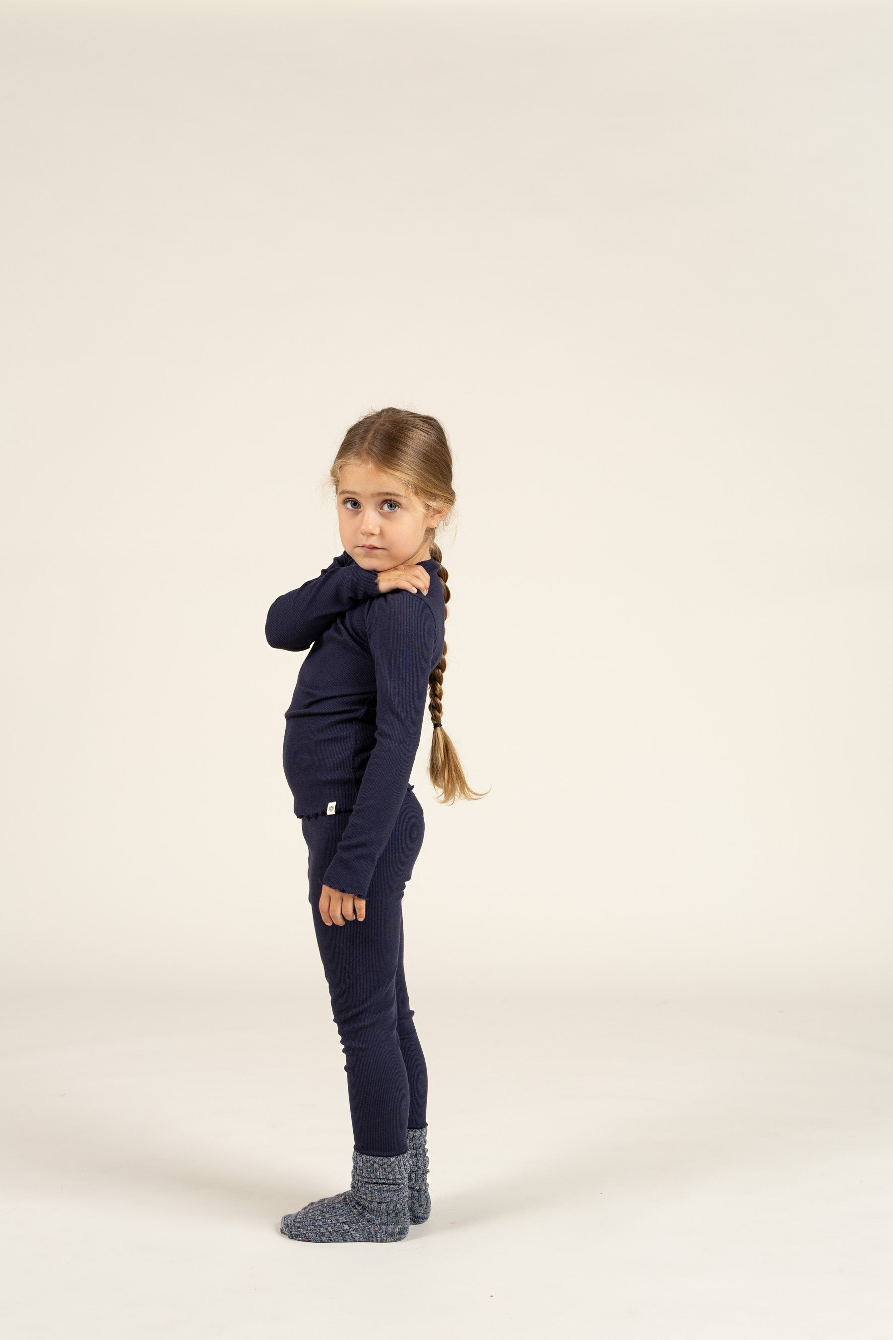 Long Sleeve Modal Rib T-Shirt with Picot edge - Kids - Navy | 100580 Mia