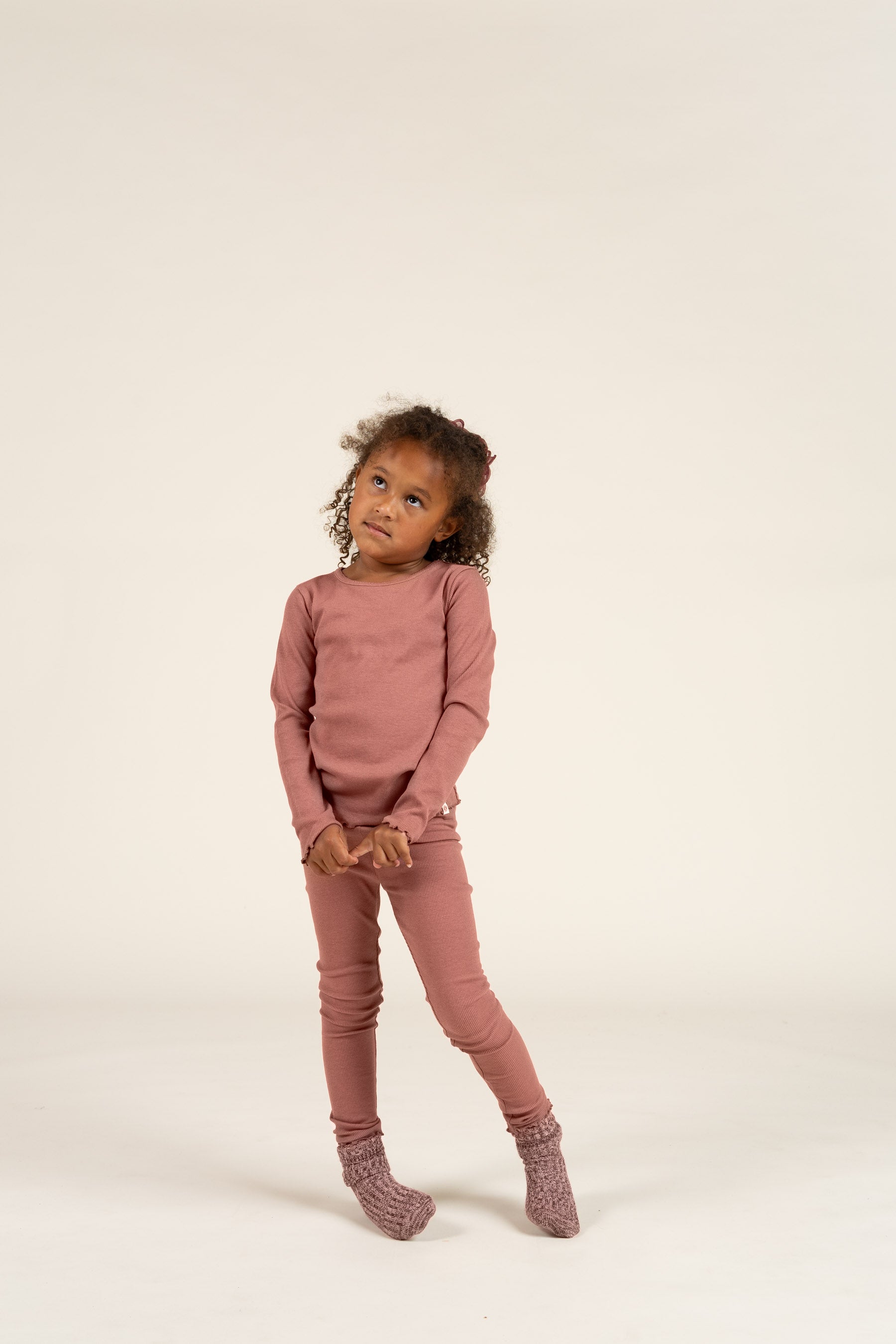 Long Sleeve Modal Rib T-Shirt with Picot edge - Kids - Old Rose | 100578 Mia