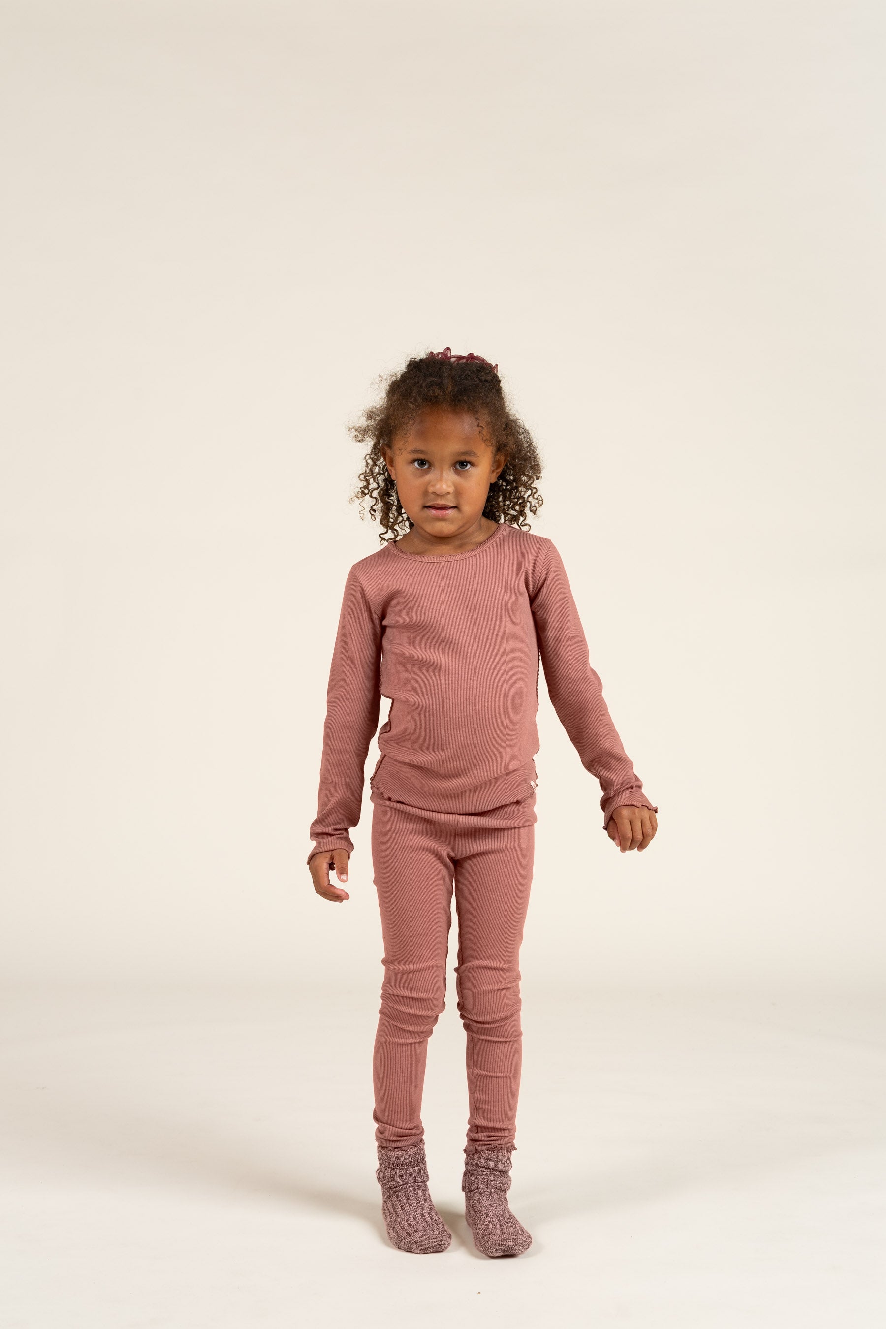 Long Sleeve Modal Rib T-Shirt with Picot edge - Kids - Old Rose | 100578 Mia
