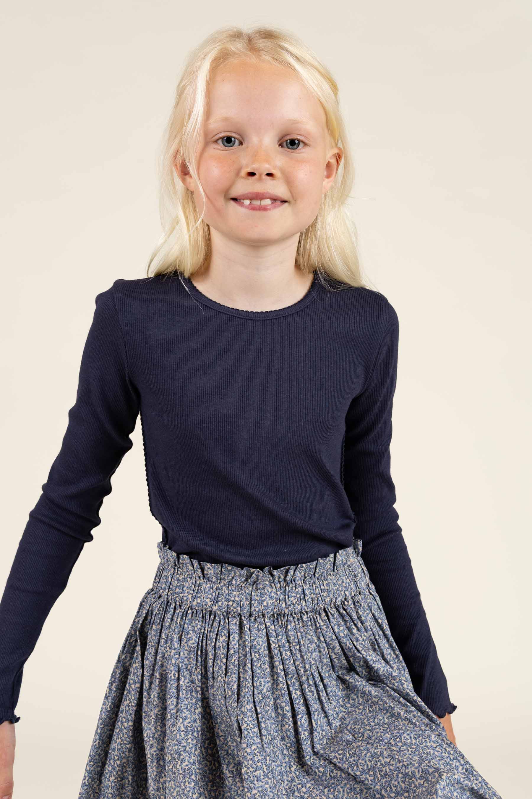 Long Sleeve Modal Rib T-Shirt with Picot edge - Tween - Navy | 100581 Mia