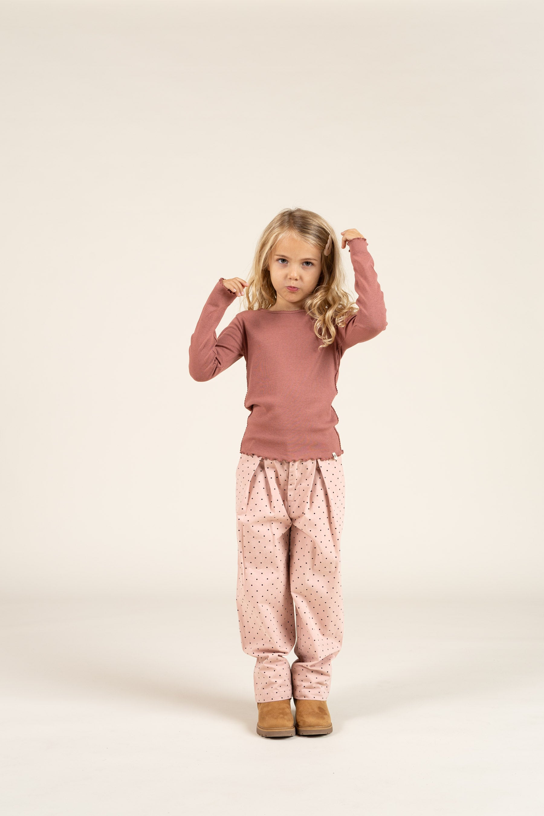 Long Sleeve Modal Rib T-Shirt with Picot edge - Kids - Old Rose | 100578 Mia
