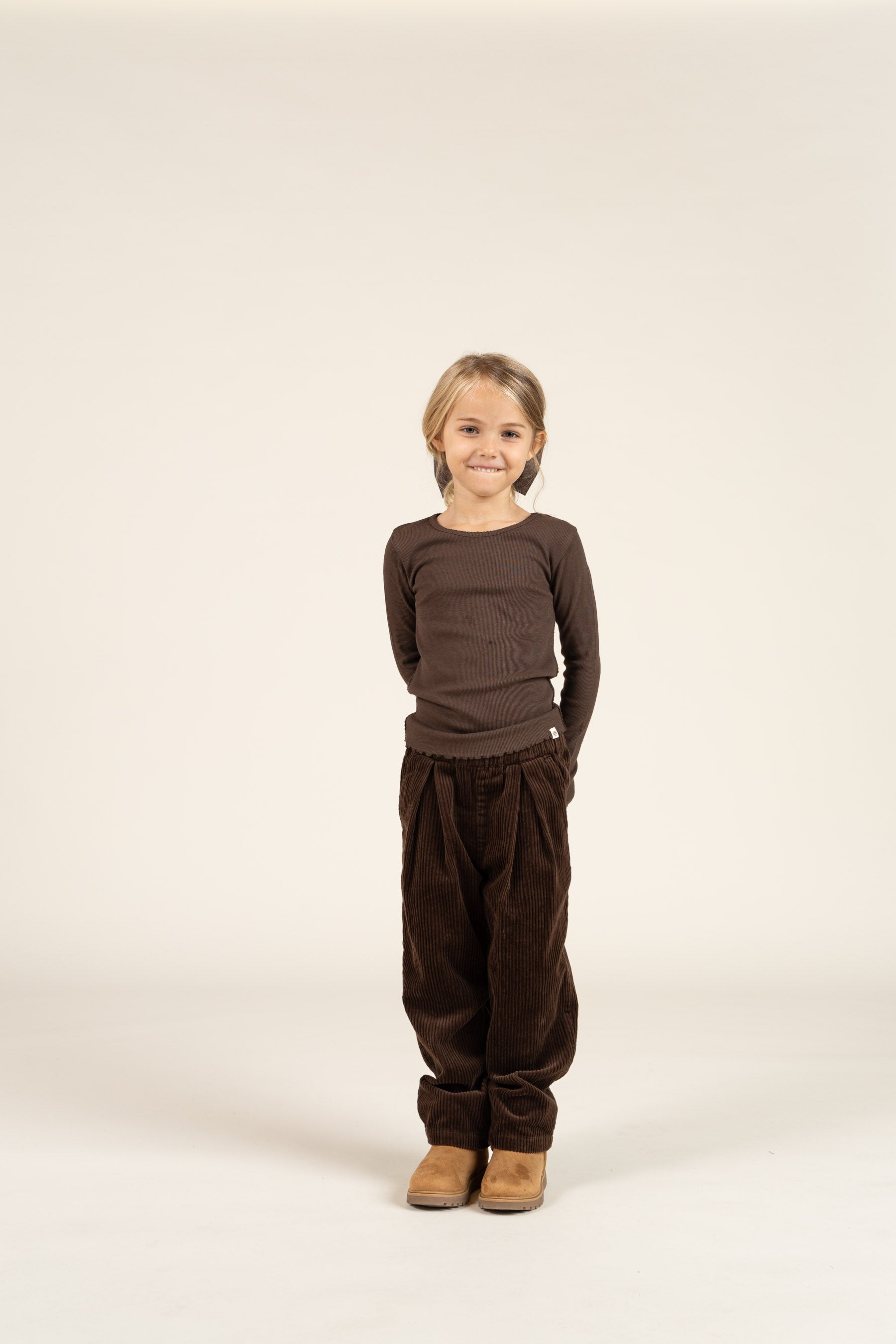 Long Sleeve Modal Rib T-Shirt with Picot edge - Kids - Chocolate | 100576 Mia