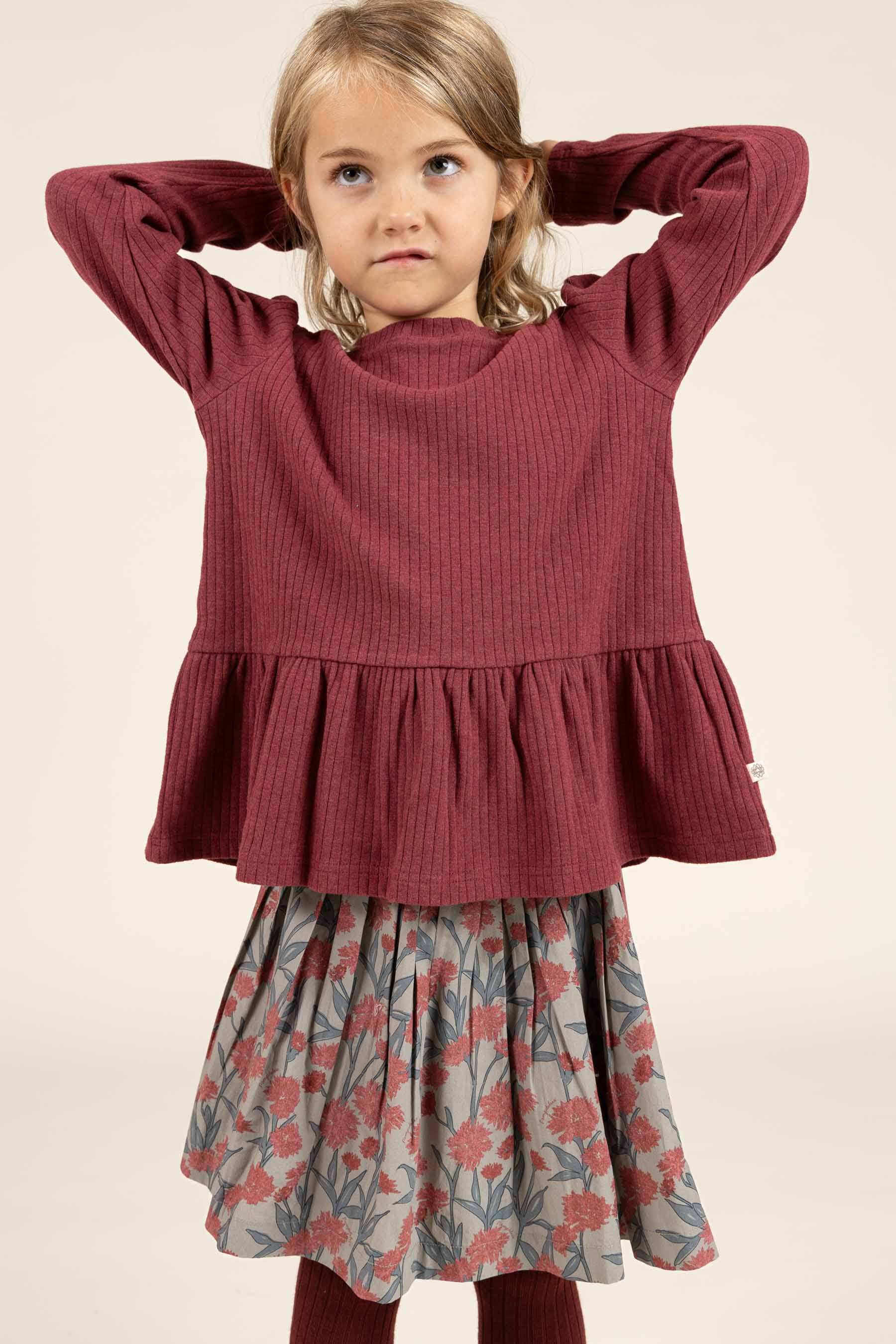 Soft Rib Peplum Blouse - Kids - Burgundy Melange | 100700 Alana